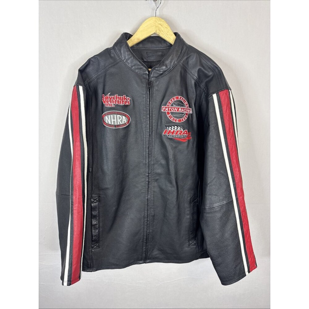 Choko NHRA Drag Racing‎ Black Leather Jacket XL Racing Patch Moto